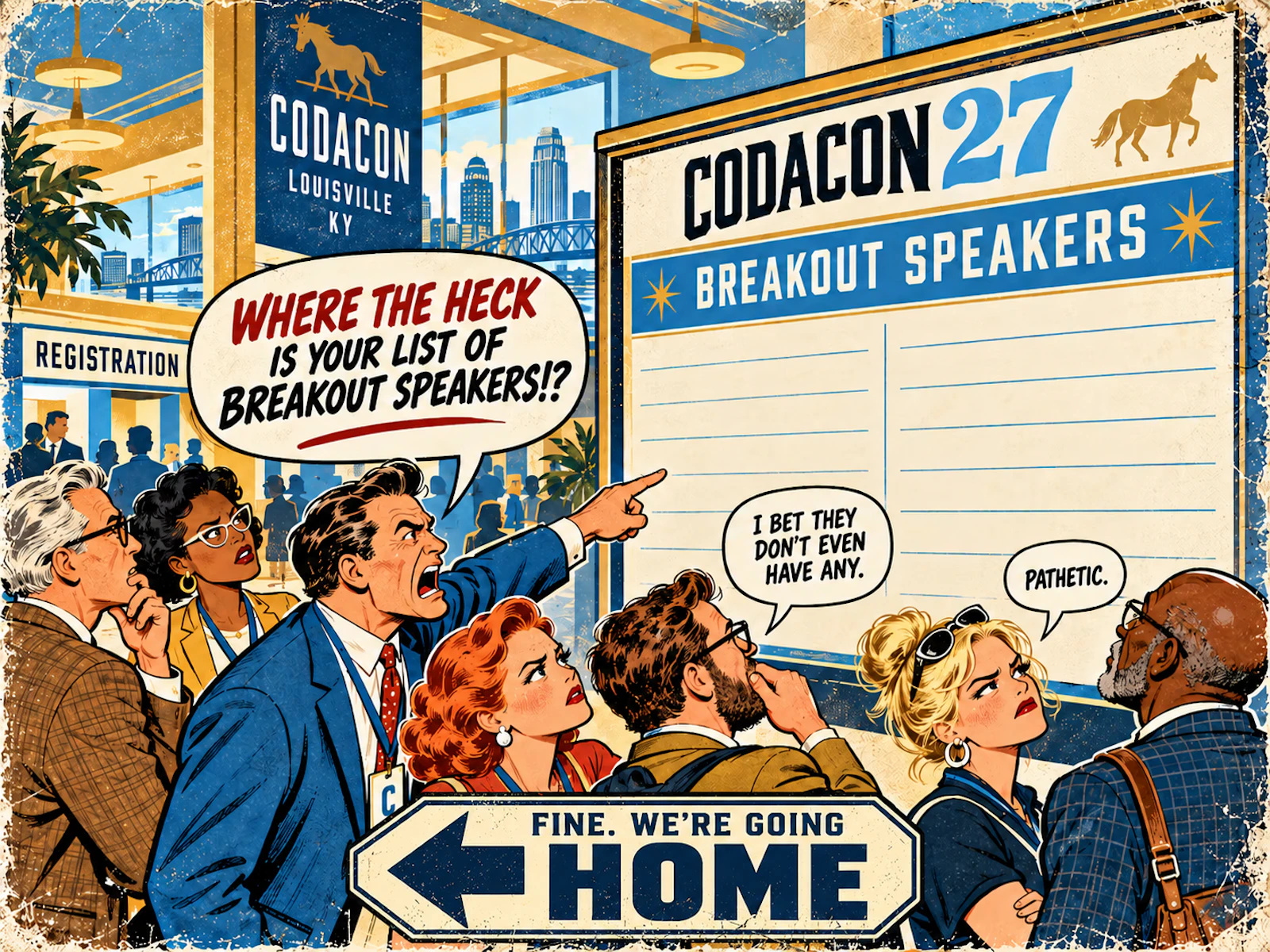 CODACON27 attendees inspect an empty breakout speakers board.