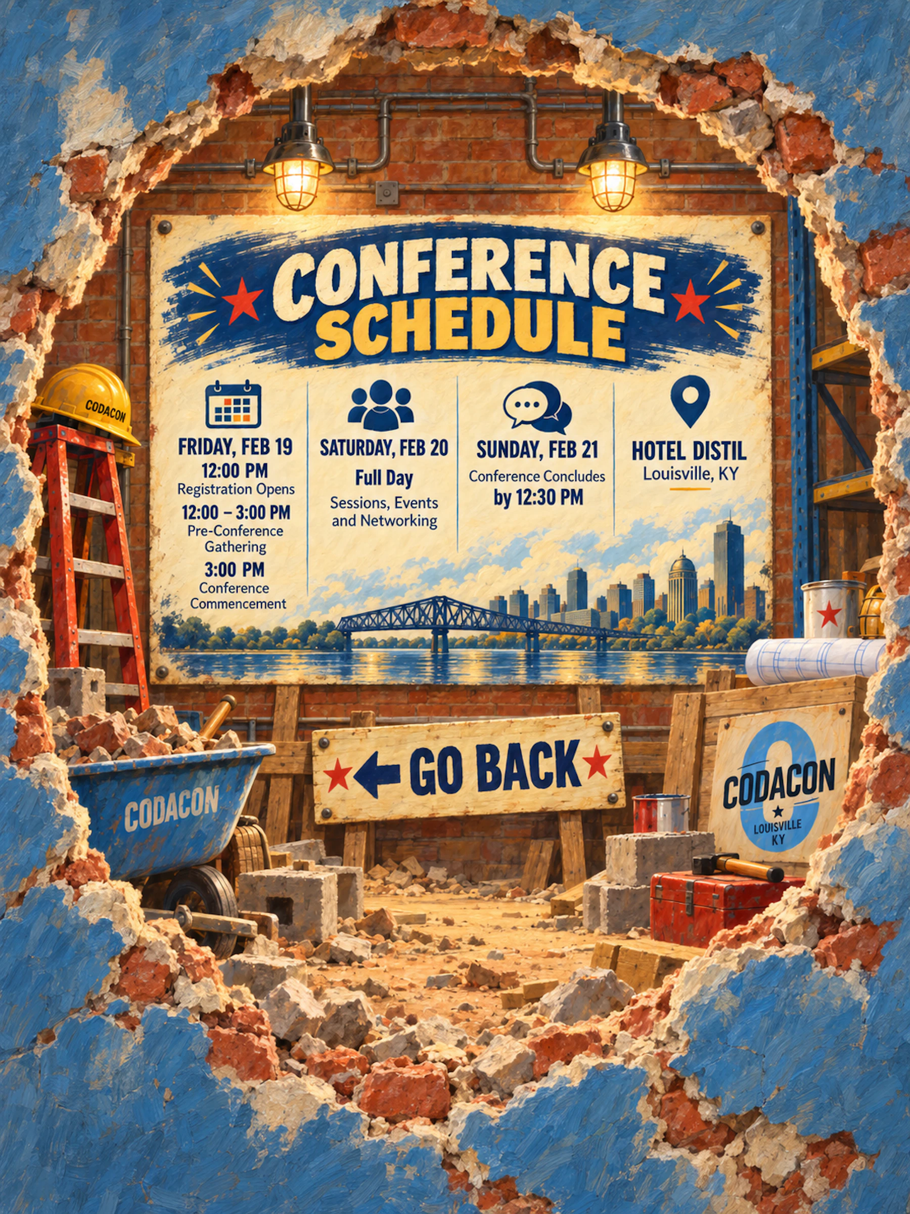 CODACON conference overview: Friday registration at noon, pre-conference gathering noon–3 p.m., conference begins at 3 p.m. Saturday sessions, events and networking. Sunday concludes by 12:30 p.m. Hotel Distil, Louisville.
