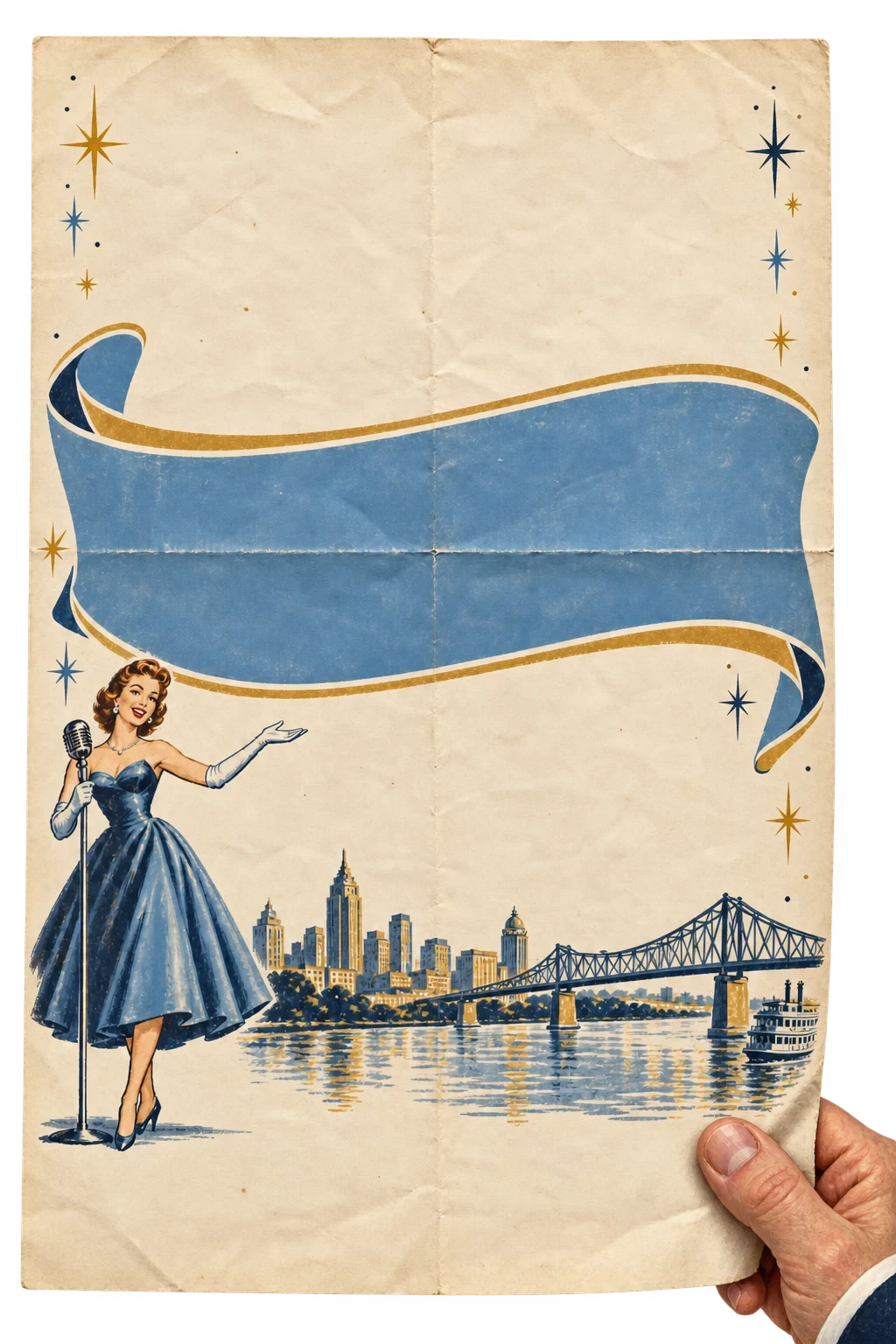 A lightly folded vintage flyer held by a painted hand in a navy jacket, with an illustrated 1950s hostess at a microphone and a riverside skyline.