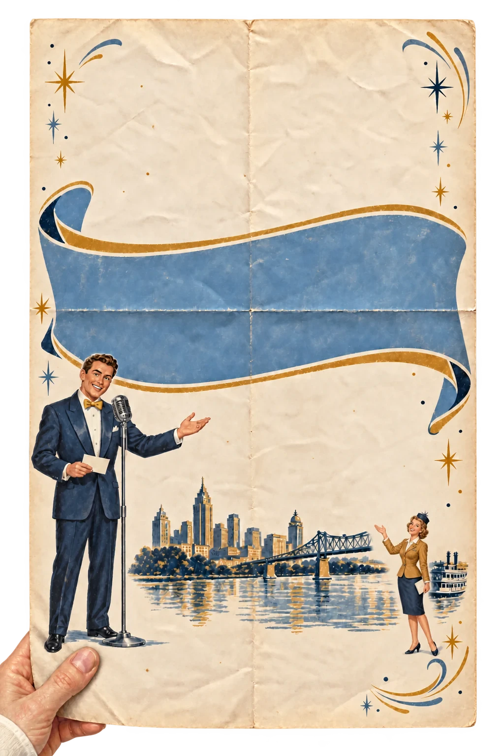 A creased vintage flyer held at its lower-left corner by a painted hand, with a 1950s male radio host and a small theater usher gesturing toward the keynote, blue and gold flourishes, and a riverside skyline.