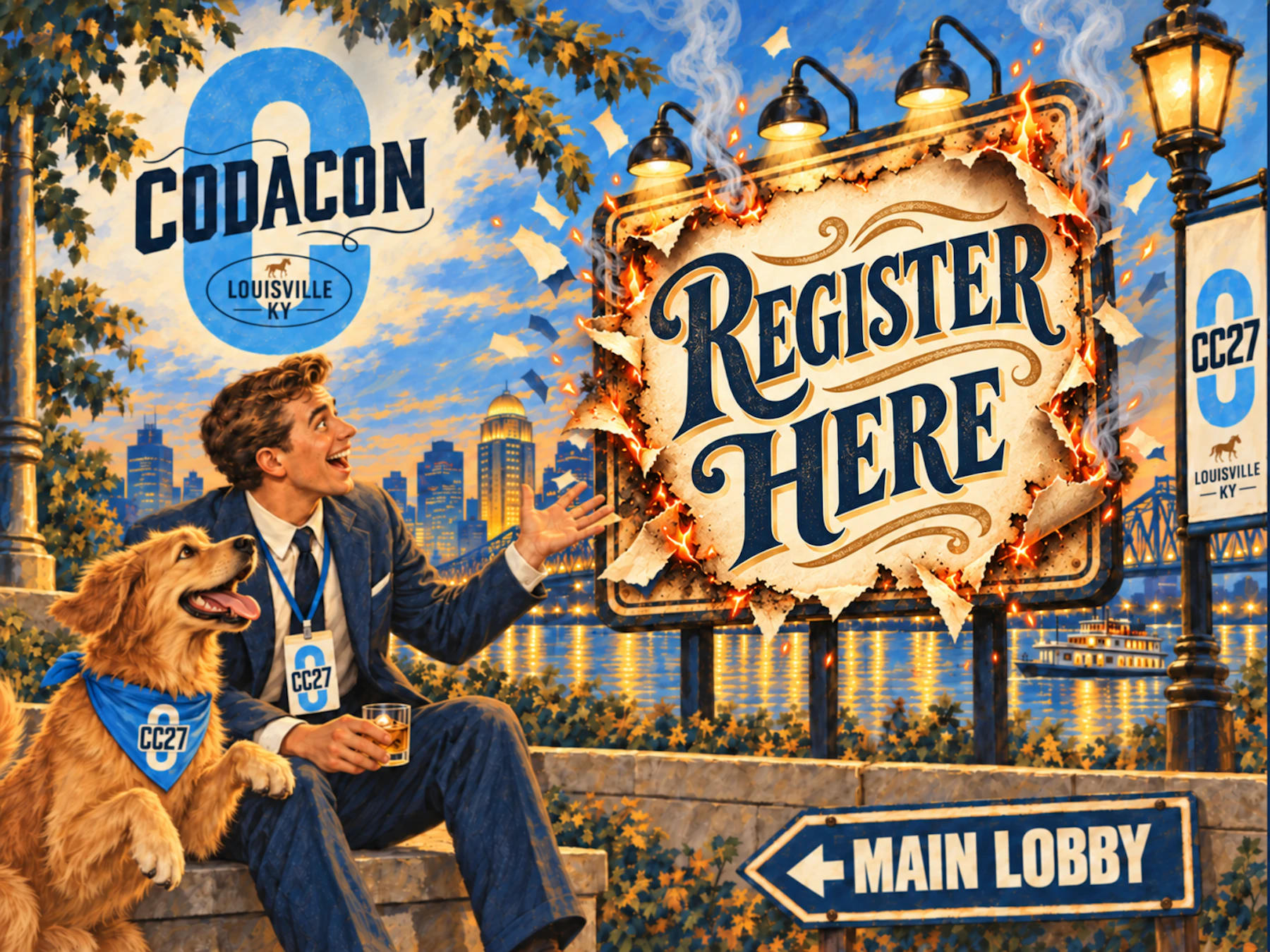 CODACON27 REGISTER HERE billboard with a man and dog by the Louisville waterfront