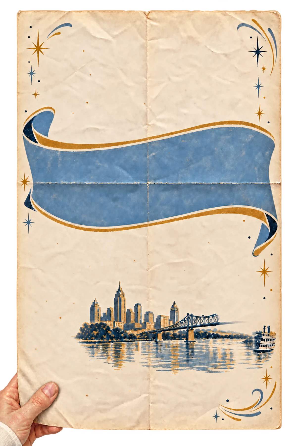A creased vintage program held in one hand, with a blue ribbon and Louisville riverfront illustration