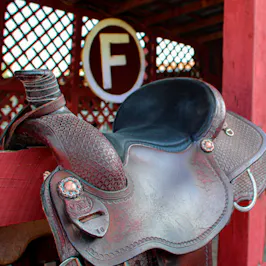 A saddle with the Circle F logo in the background
