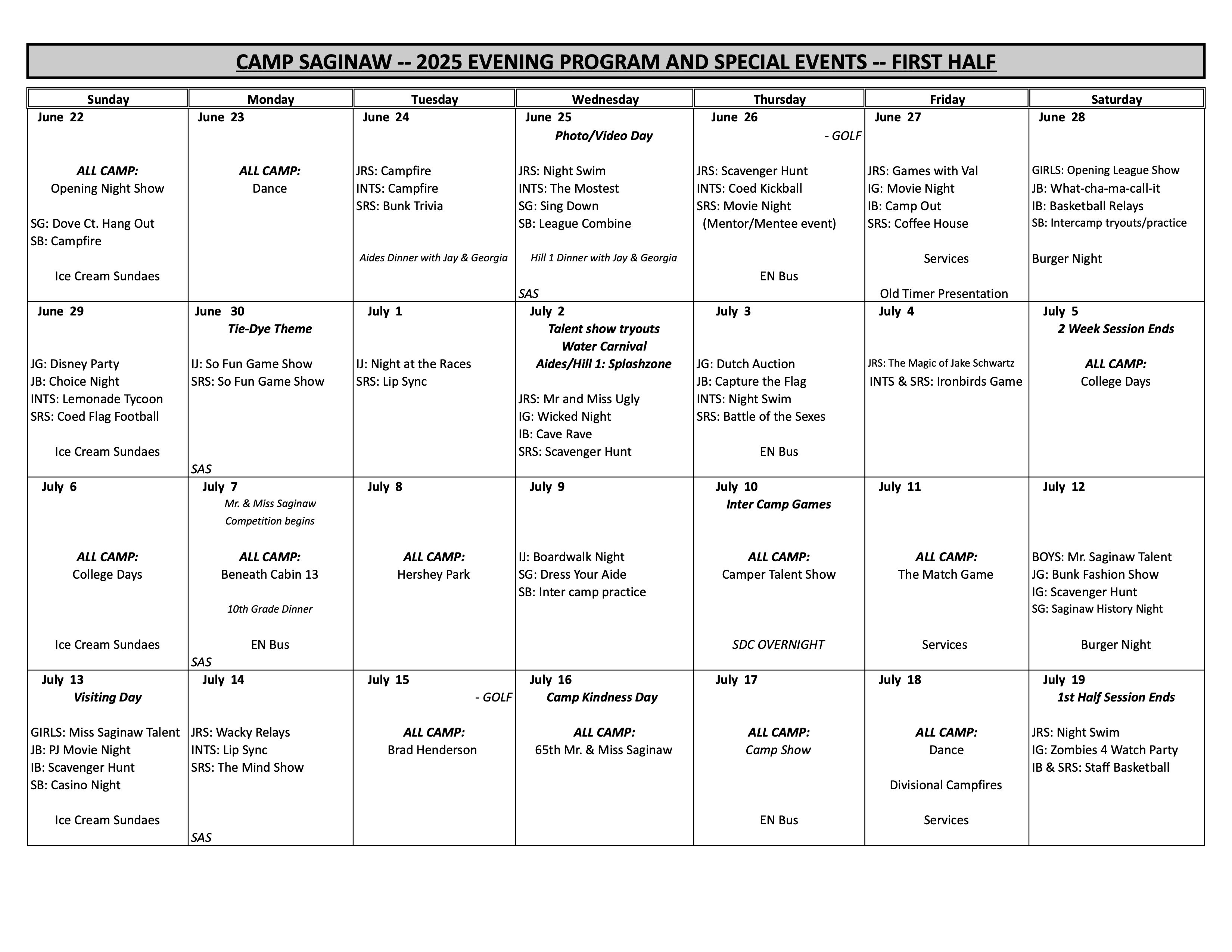 Evening Program Schedule - 2025