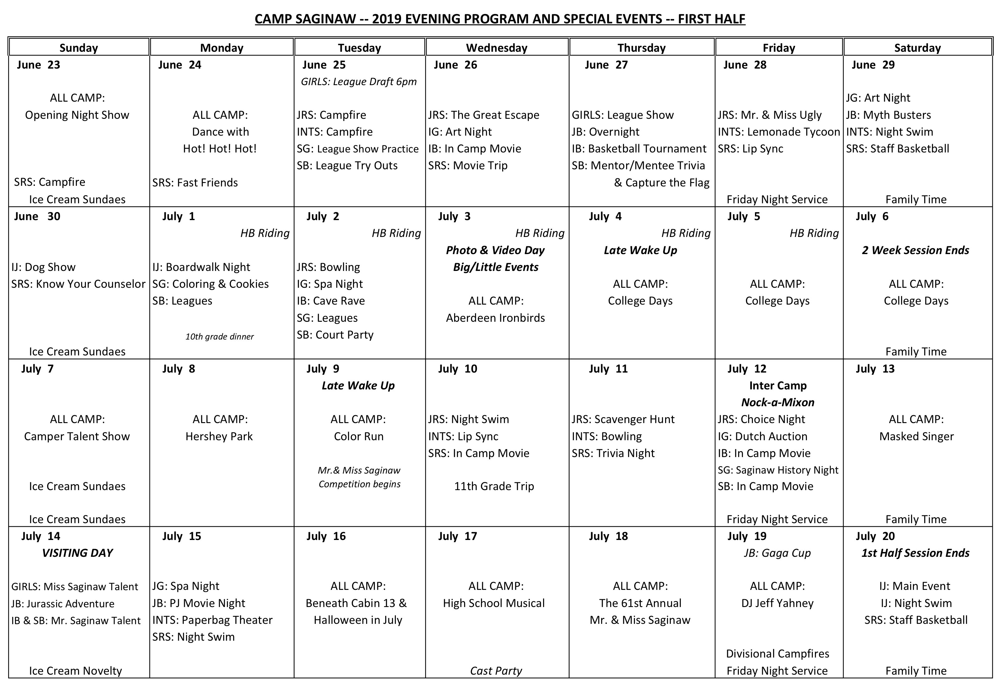 Evening Program Calendar!