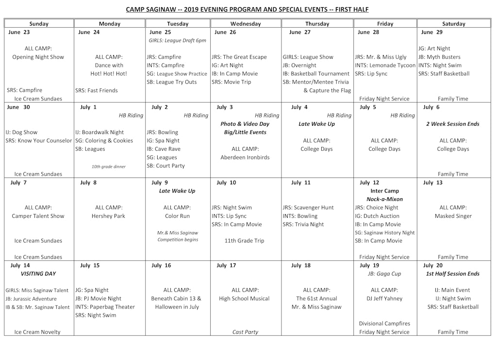 Evening Program Calendar!