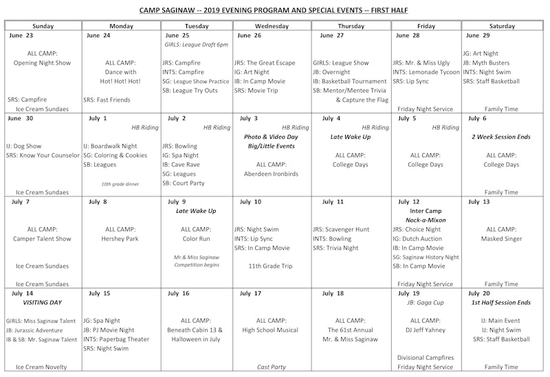 Evening Program Calendar! Camp Saginaw The Latest News From Camp